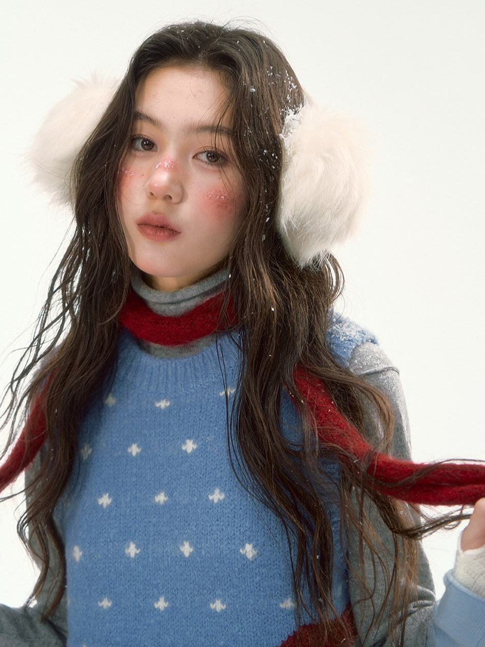 CANSTORE - "Prague Snow Day" Blue Polka Dot Jacquard Knit Vest with House Motifs