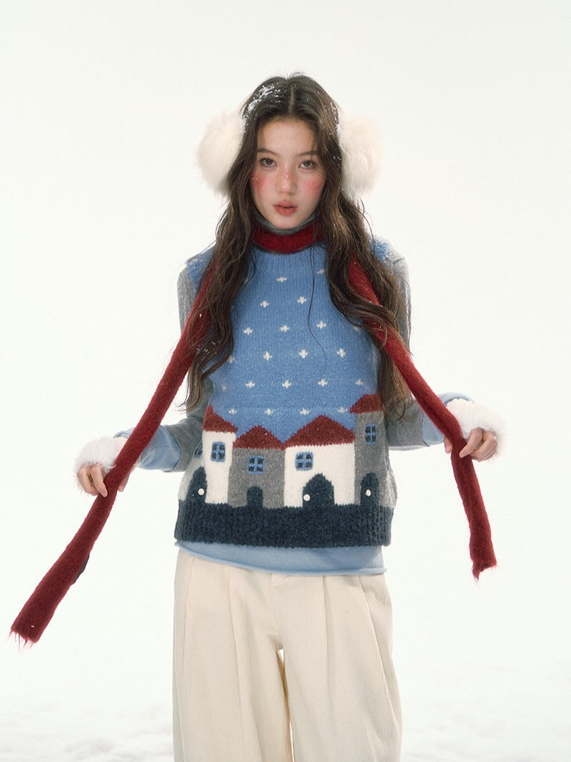 CANSTORE - "Prague Snow Day" Blue Polka Dot Jacquard Knit Vest with House Motifs