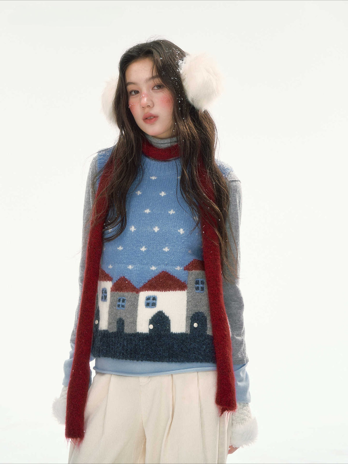 CANSTORE - "Prague Snow Day" Blue Polka Dot Jacquard Knit Vest with House Motifs