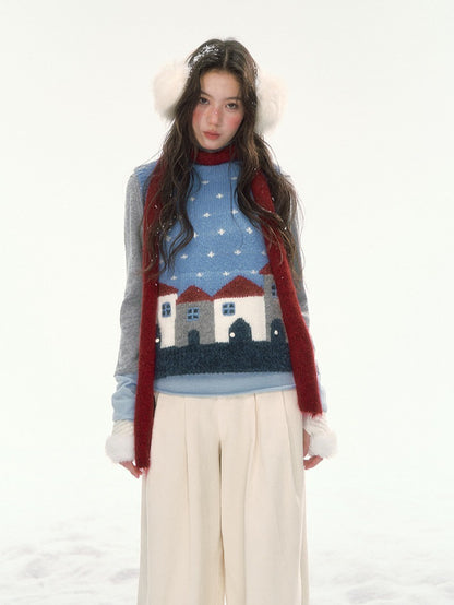 CANSTORE - "Prague Snow Day" Blue Polka Dot Jacquard Knit Vest with House Motifs