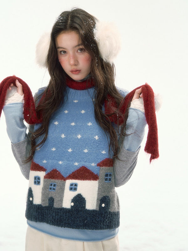 CANSTORE - "Prague Snow Day" Blue Polka Dot Jacquard Knit Vest with House Motifs