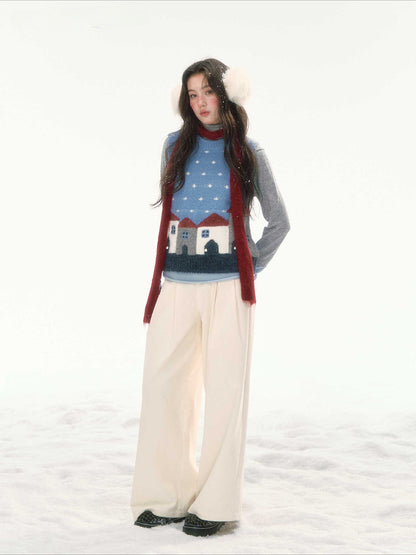 CANSTORE - "Prague Snow Day" Blue Polka Dot Jacquard Knit Vest with House Motifs