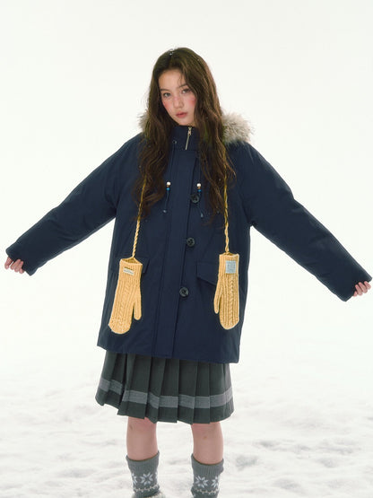 CANSTORE - "Voyage Day" Navy Blue Mid-Length Down Coat with Detachable Faux Fur Collar