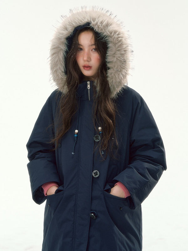 CANSTORE - "Voyage Day" Navy Blue Mid-Length Down Coat with Detachable Faux Fur Collar