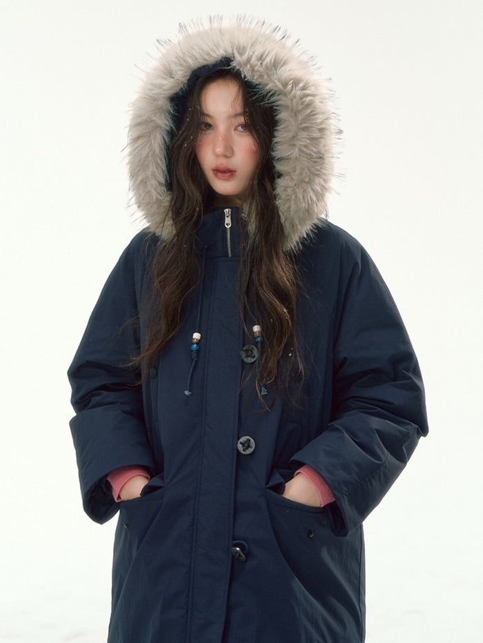CANSTORE - "Voyage Day" Navy Blue Mid-Length Down Coat with Detachable Faux Fur Collar
