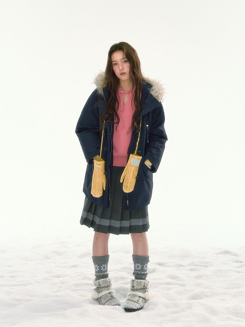 CANSTORE - "Voyage Day" Navy Blue Mid-Length Down Coat with Detachable Faux Fur Collar