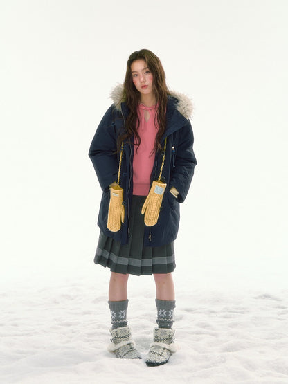 CANSTORE - "Voyage Day" Navy Blue Mid-Length Down Coat with Detachable Faux Fur Collar