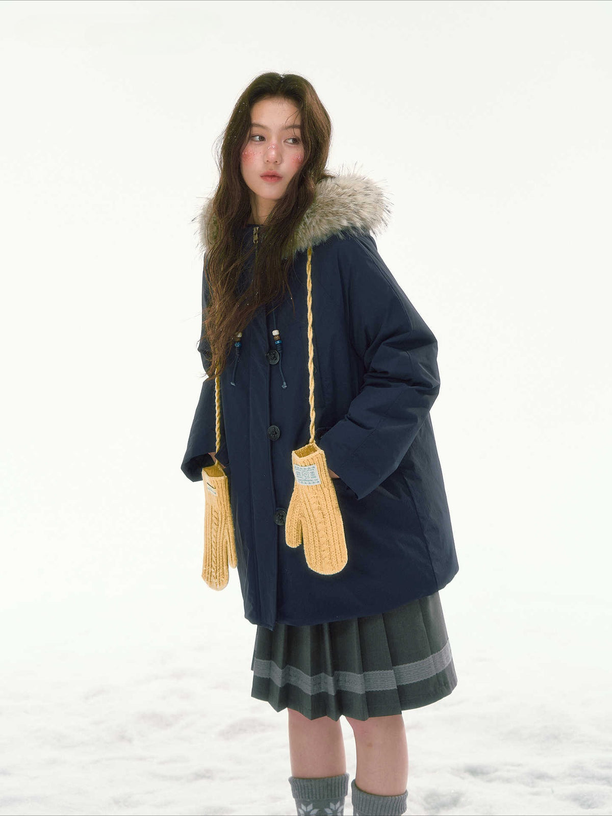 CANSTORE - "Voyage Day" Navy Blue Mid-Length Down Coat with Detachable Faux Fur Collar
