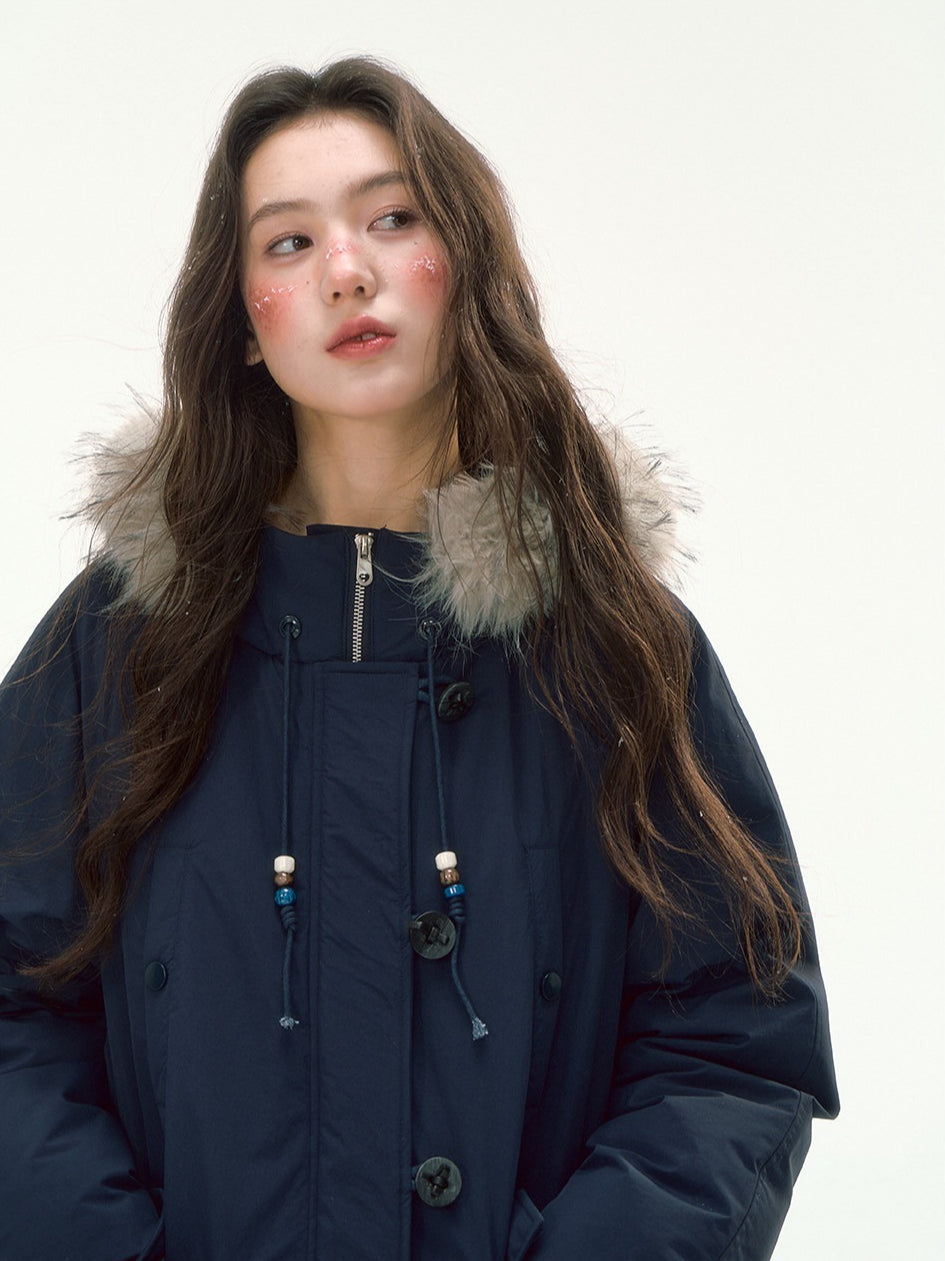 CANSTORE - "Voyage Day" Navy Blue Mid-Length Down Coat with Detachable Faux Fur Collar