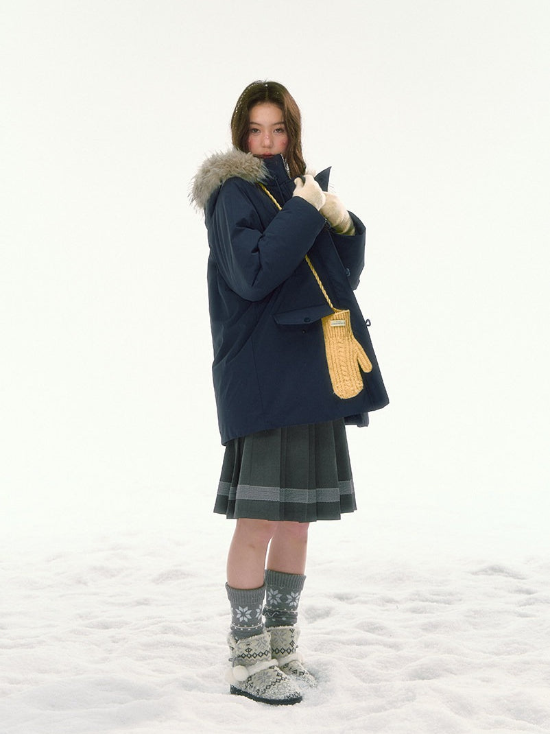 CANSTORE - "Voyage Day" Navy Blue Mid-Length Down Coat with Detachable Faux Fur Collar