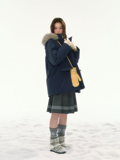 CANSTORE - "Voyage Day" Navy Blue Mid-Length Down Coat with Detachable Faux Fur Collar