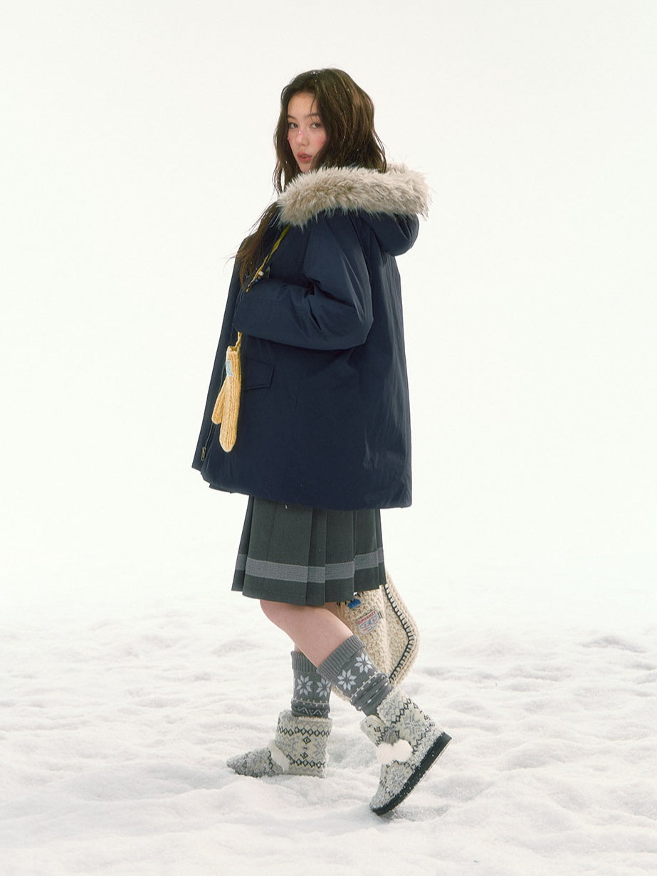 CANSTORE - "Voyage Day" Navy Blue Mid-Length Down Coat with Detachable Faux Fur Collar