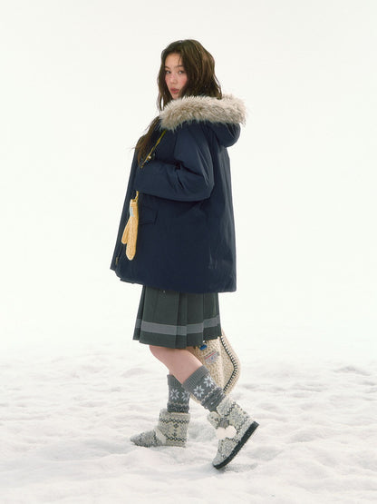 CANSTORE - "Voyage Day" Navy Blue Mid-Length Down Coat with Detachable Faux Fur Collar