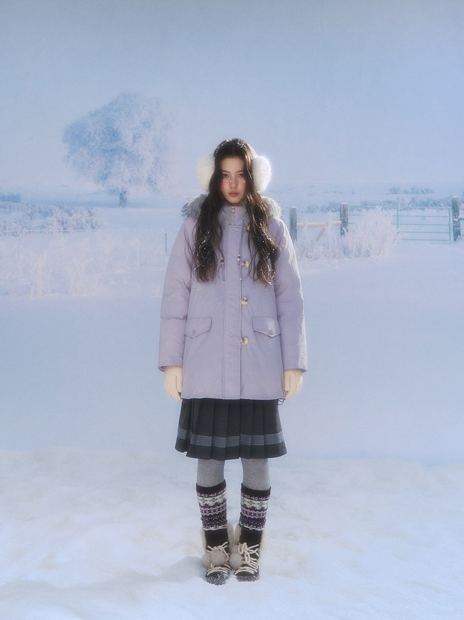 CANSTORE - "Voyage Day" Light Lavender Mid-Length Down Coat with Detachable Faux Fur Collar