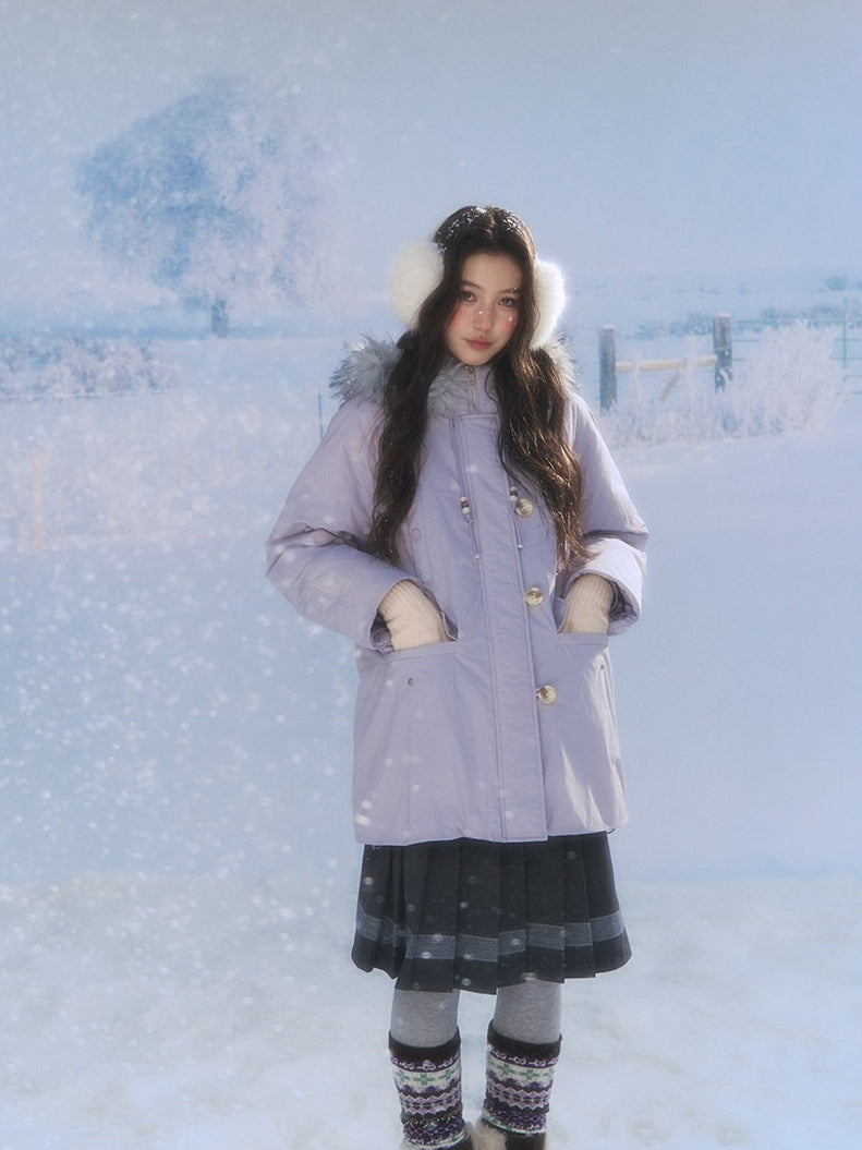 CANSTORE - "Voyage Day" Light Lavender Mid-Length Down Coat with Detachable Faux Fur Collar
