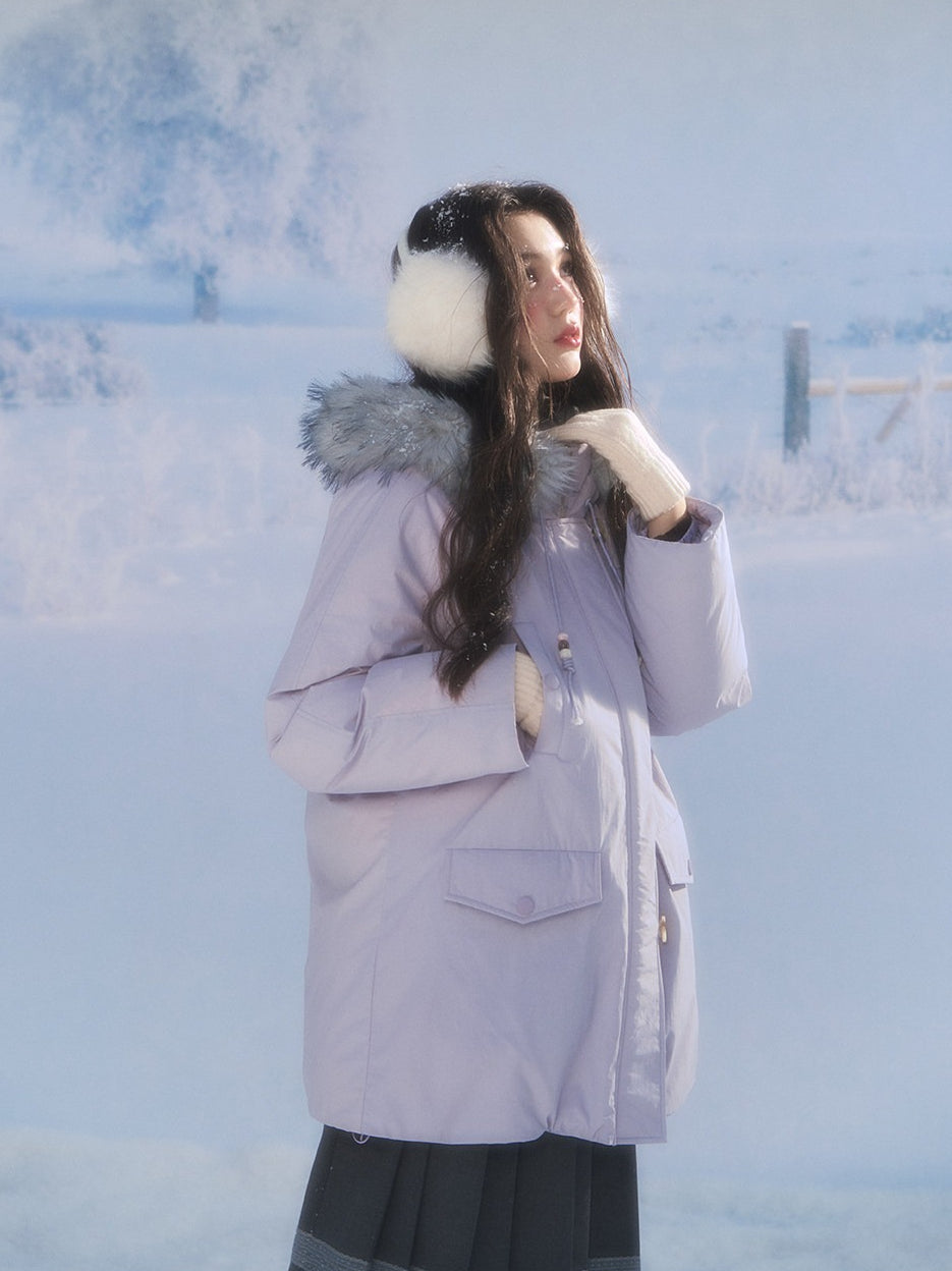 CANSTORE - "Voyage Day" Light Lavender Mid-Length Down Coat with Detachable Faux Fur Collar