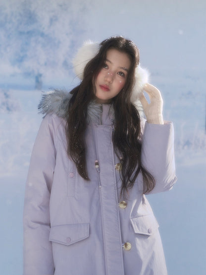 CANSTORE - "Voyage Day" Light Lavender Mid-Length Down Coat with Detachable Faux Fur Collar
