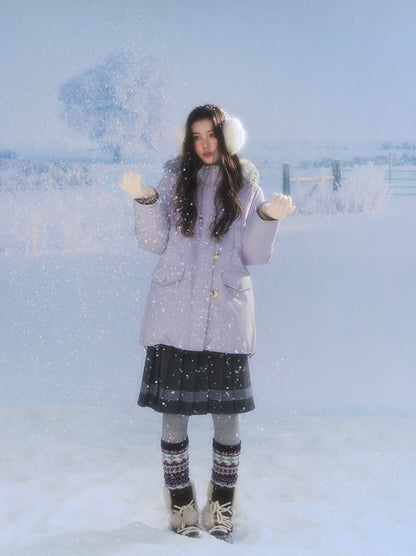 CANSTORE - "Voyage Day" Light Lavender Mid-Length Down Coat with Detachable Faux Fur Collar