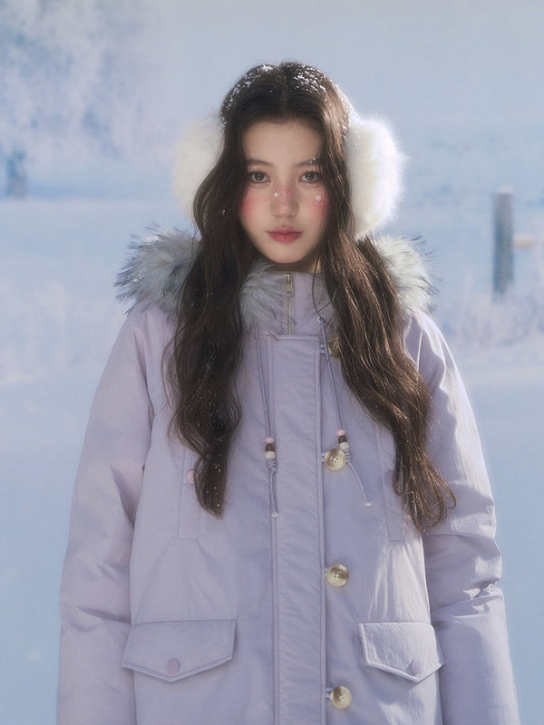 CANSTORE - "Voyage Day" Light Lavender Mid-Length Down Coat with Detachable Faux Fur Collar