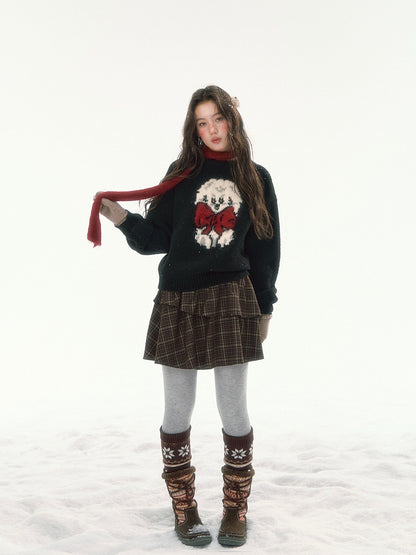 CANSTORE - "Bow Applause" Dark Gray Puppy Jacquard Knit Sweater
