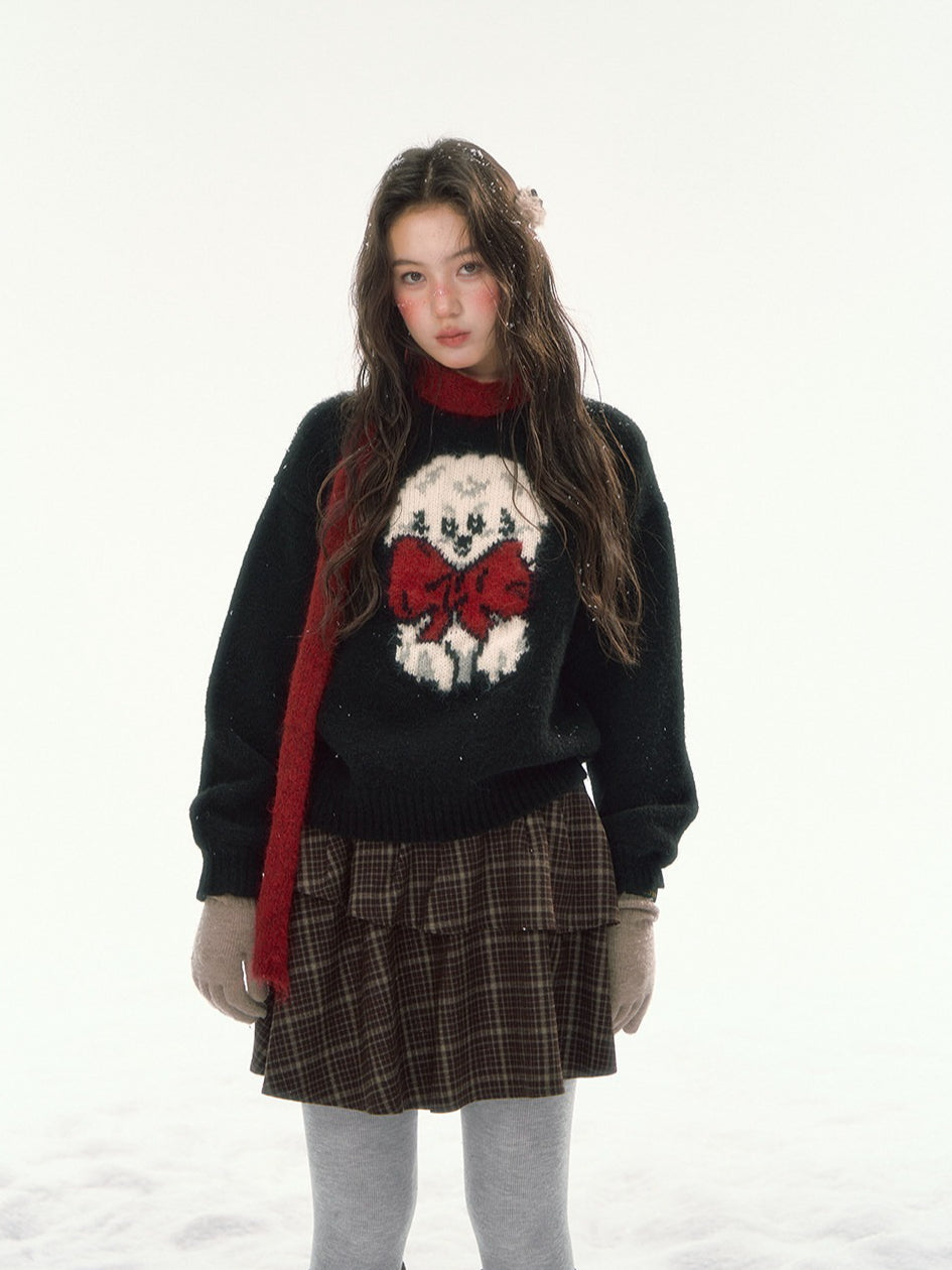 CANSTORE - "Bow Applause" Dark Gray Puppy Jacquard Knit Sweater
