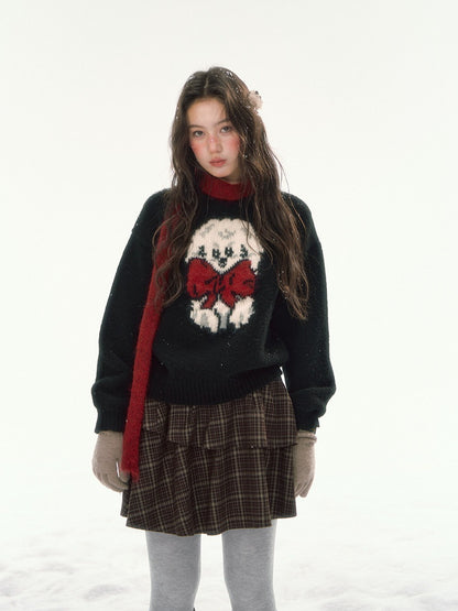 CANSTORE - "Bow Applause" Dark Gray Puppy Jacquard Knit Sweater