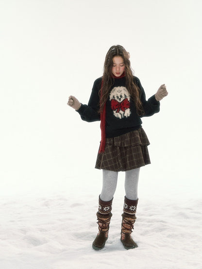 CANSTORE - "Bow Applause" Dark Gray Puppy Jacquard Knit Sweater