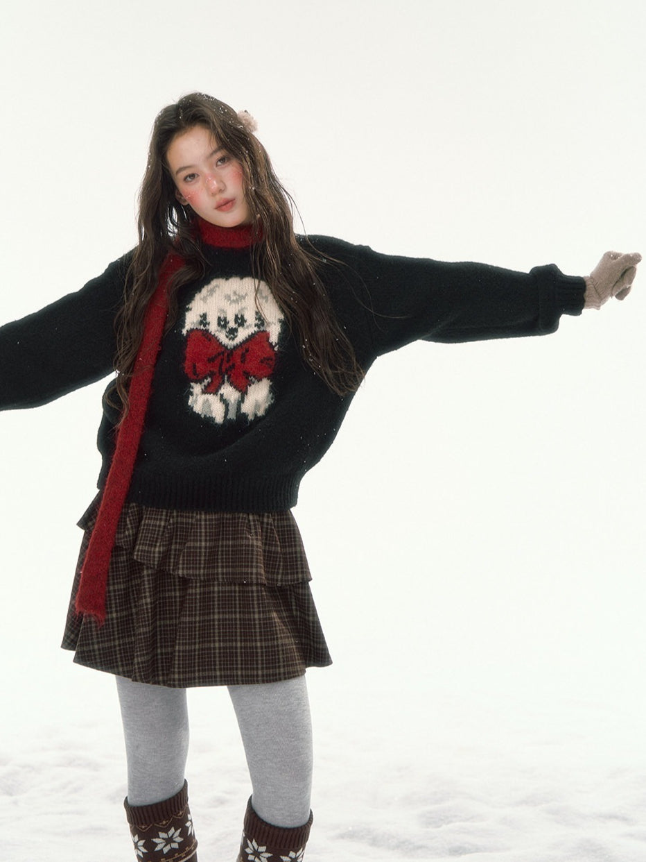 CANSTORE - "Bow Applause" Dark Gray Puppy Jacquard Knit Sweater