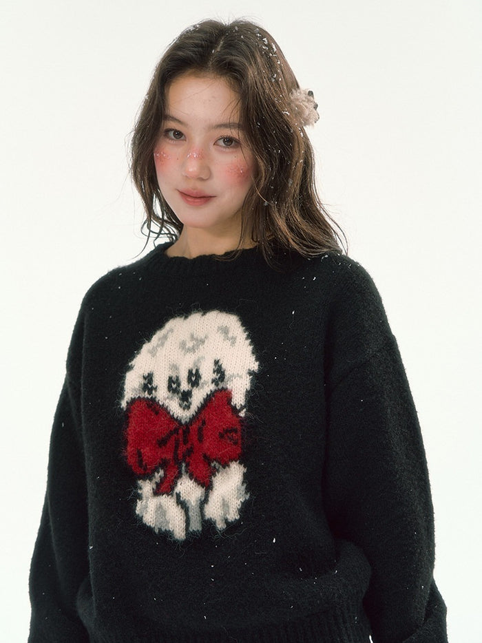 CANSTORE - "Bow Applause" Dark Gray Puppy Jacquard Knit Sweater