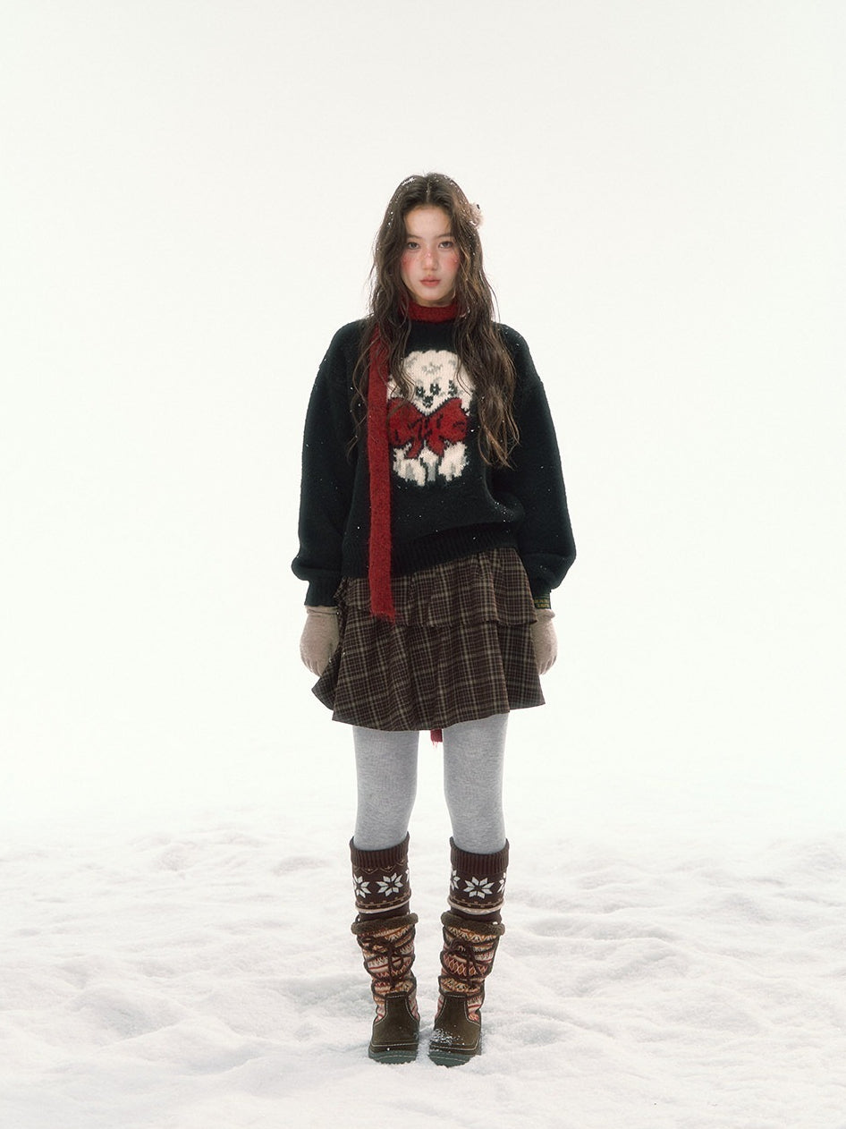 CANSTORE - "Bow Applause" Dark Gray Puppy Jacquard Knit Sweater