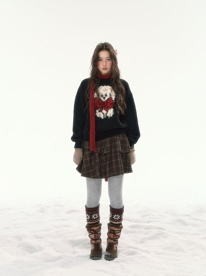 CANSTORE - "Bow Applause" Dark Gray Puppy Jacquard Knit Sweater