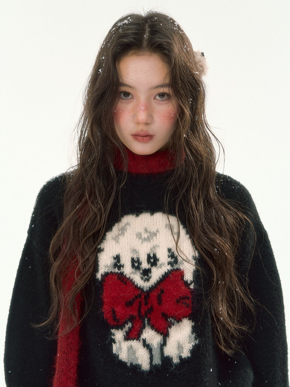 CANSTORE - "Bow Applause" Dark Gray Puppy Jacquard Knit Sweater