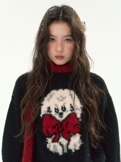 CANSTORE - "Bow Applause" Dark Gray Puppy Jacquard Knit Sweater