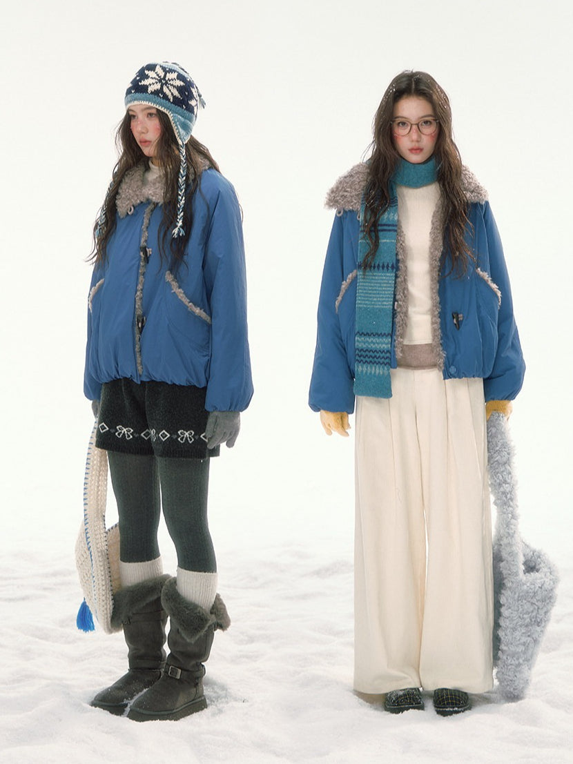 CANSTORE - "Cobalt Snowfall" Cobalt Blue Cropped Toggle Coat with Plush Trim