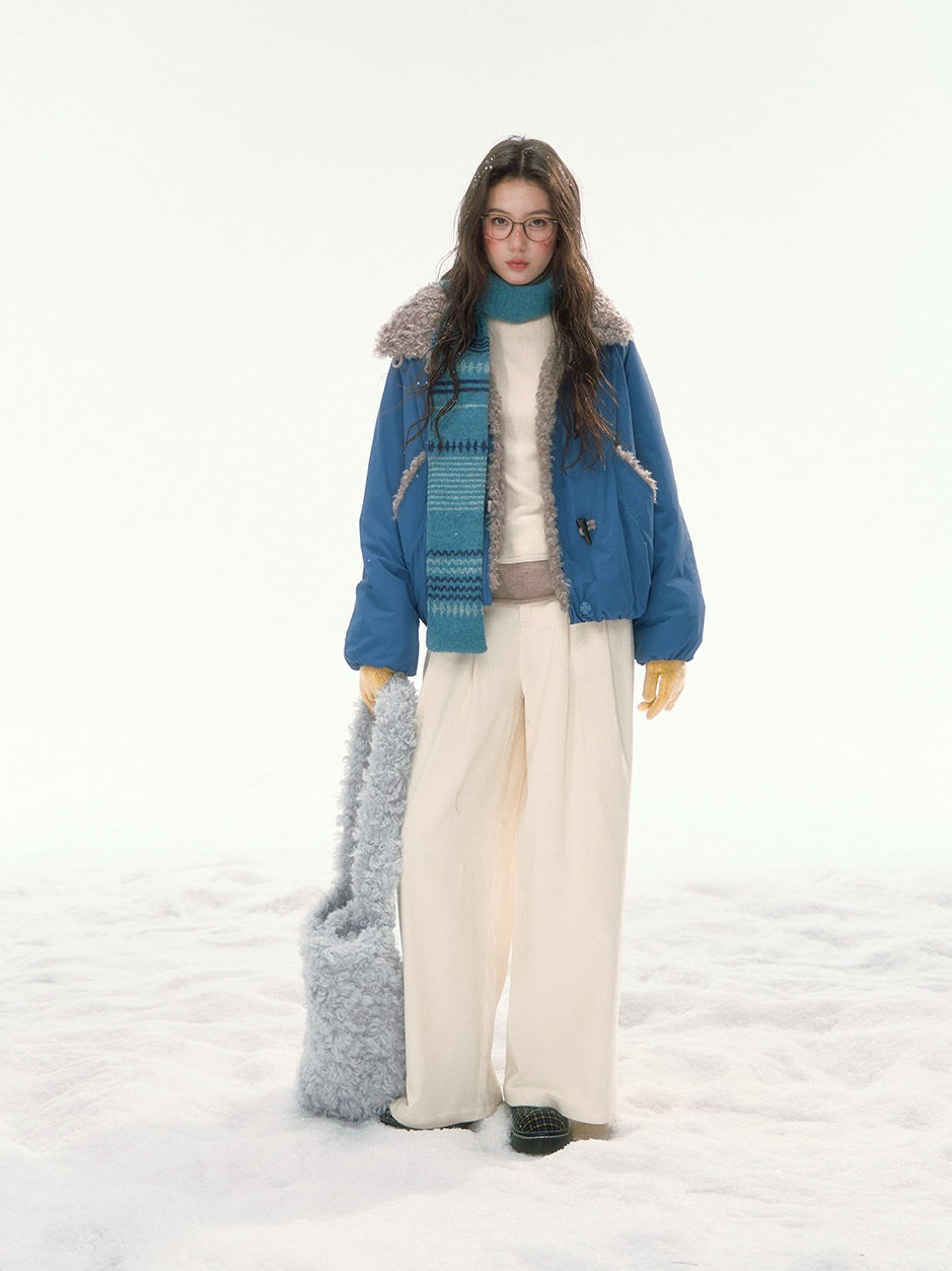 CANSTORE - "Cobalt Snowfall" Cobalt Blue Cropped Toggle Coat with Plush Trim