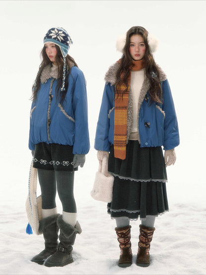 CANSTORE - "Cobalt Snowfall" Cobalt Blue Cropped Toggle Coat with Plush Trim