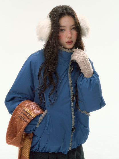 CANSTORE - "Cobalt Snowfall" Cobalt Blue Cropped Toggle Coat with Plush Trim