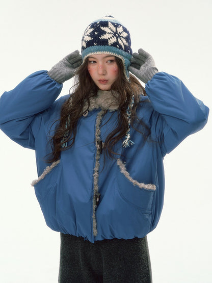 CANSTORE - "Cobalt Snowfall" Cobalt Blue Cropped Toggle Coat with Plush Trim