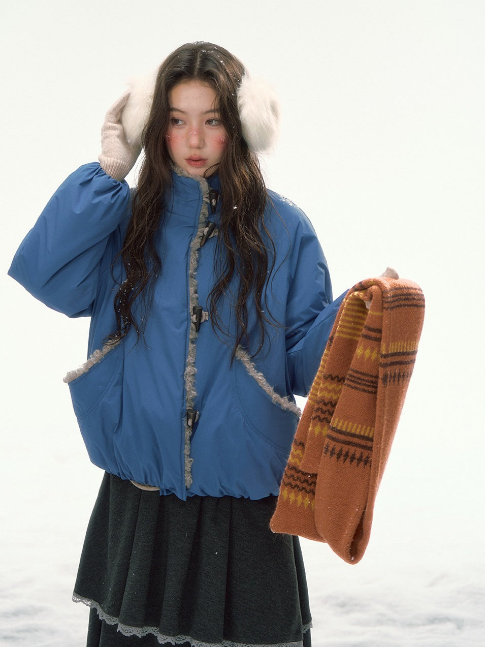CANSTORE - "Cobalt Snowfall" Cobalt Blue Cropped Toggle Coat with Plush Trim