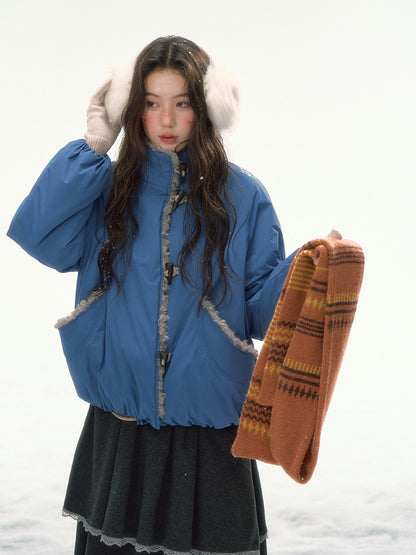 CANSTORE - "Cobalt Snowfall" Cobalt Blue Cropped Toggle Coat with Plush Trim