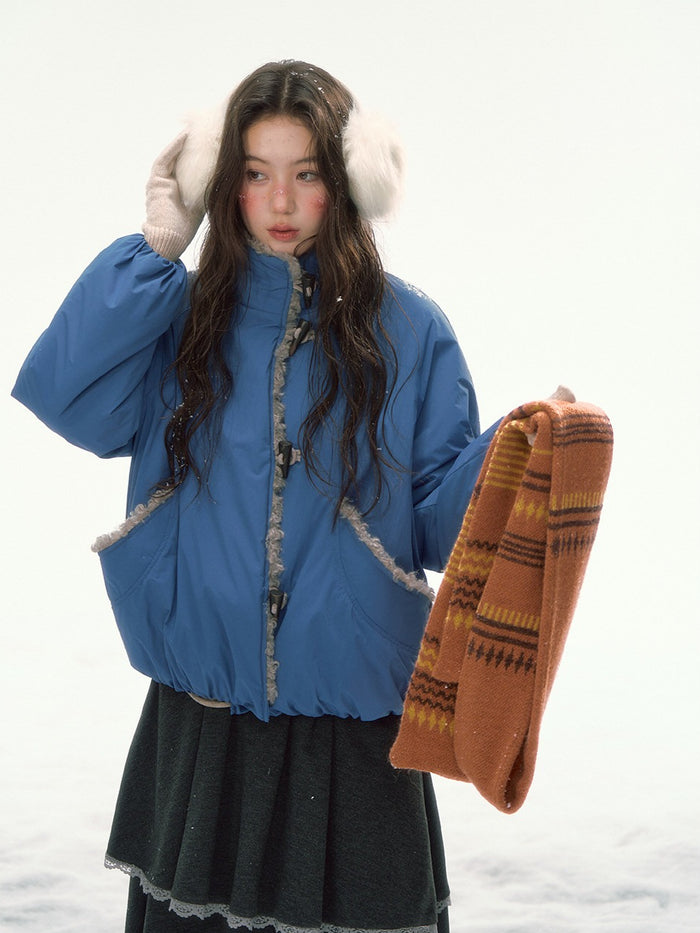 CANSTORE - "Cobalt Snowfall" Cobalt Blue Cropped Toggle Coat with Plush Trim