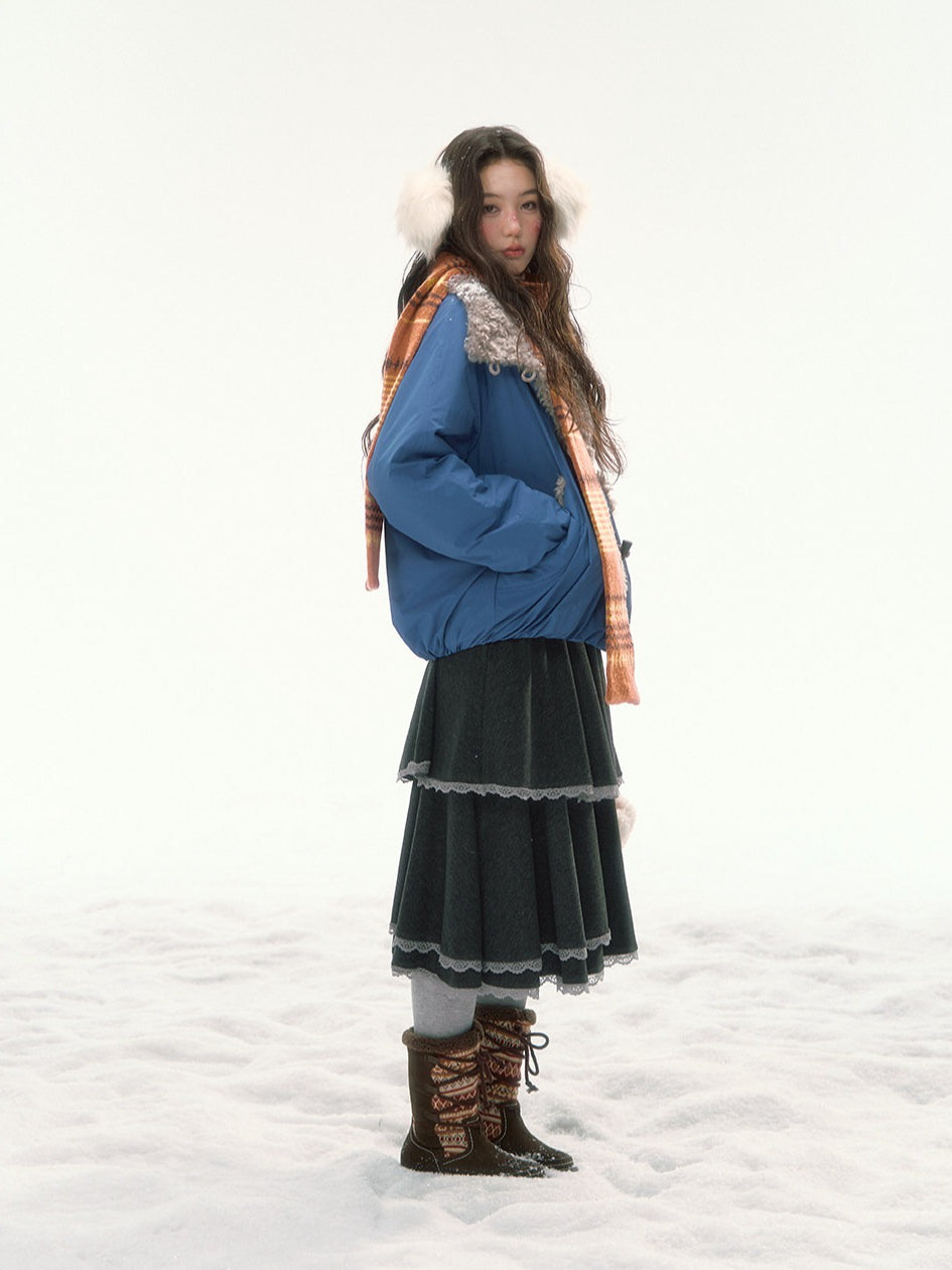 CANSTORE - "Cobalt Snowfall" Cobalt Blue Cropped Toggle Coat with Plush Trim