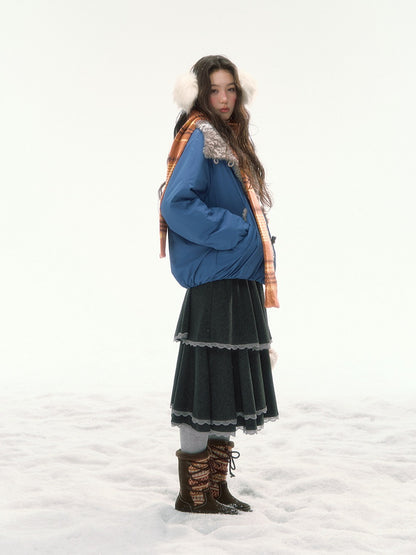 CANSTORE - "Cobalt Snowfall" Cobalt Blue Cropped Toggle Coat with Plush Trim