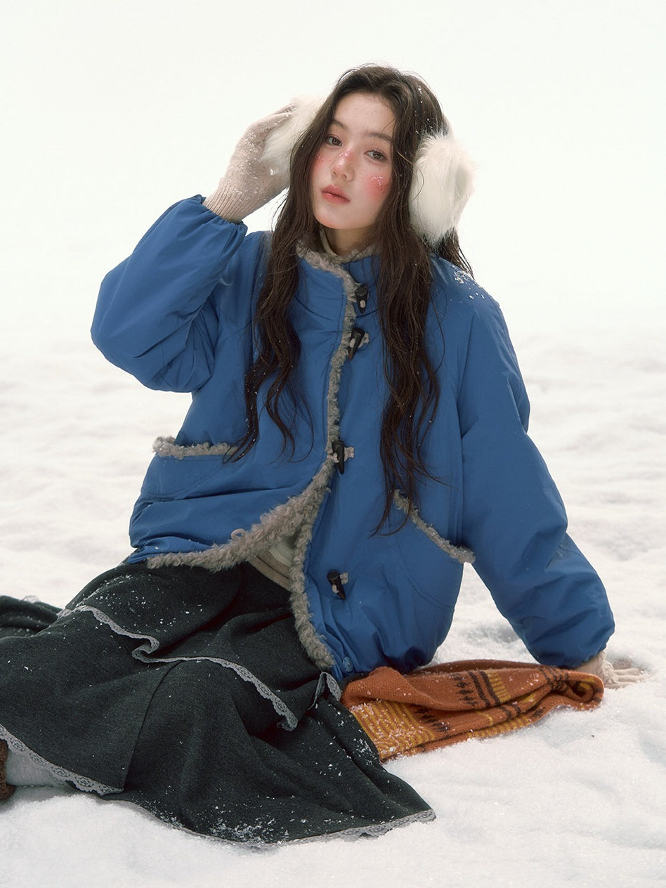 CANSTORE - "Cobalt Snowfall" Cobalt Blue Cropped Toggle Coat with Plush Trim