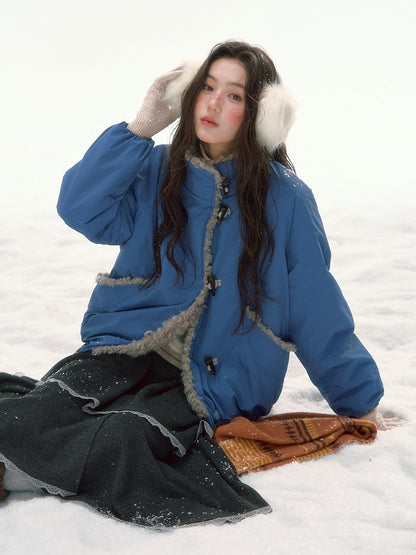 CANSTORE - "Cobalt Snowfall" Cobalt Blue Cropped Toggle Coat with Plush Trim