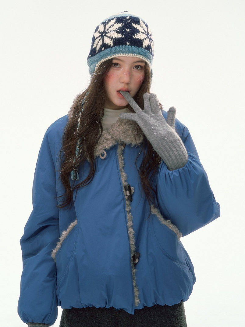 CANSTORE - "Cobalt Snowfall" Cobalt Blue Cropped Toggle Coat with Plush Trim
