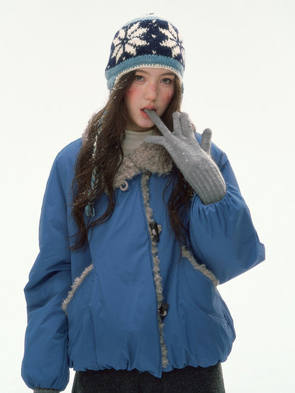 CANSTORE - "Cobalt Snowfall" Cobalt Blue Cropped Toggle Coat with Plush Trim