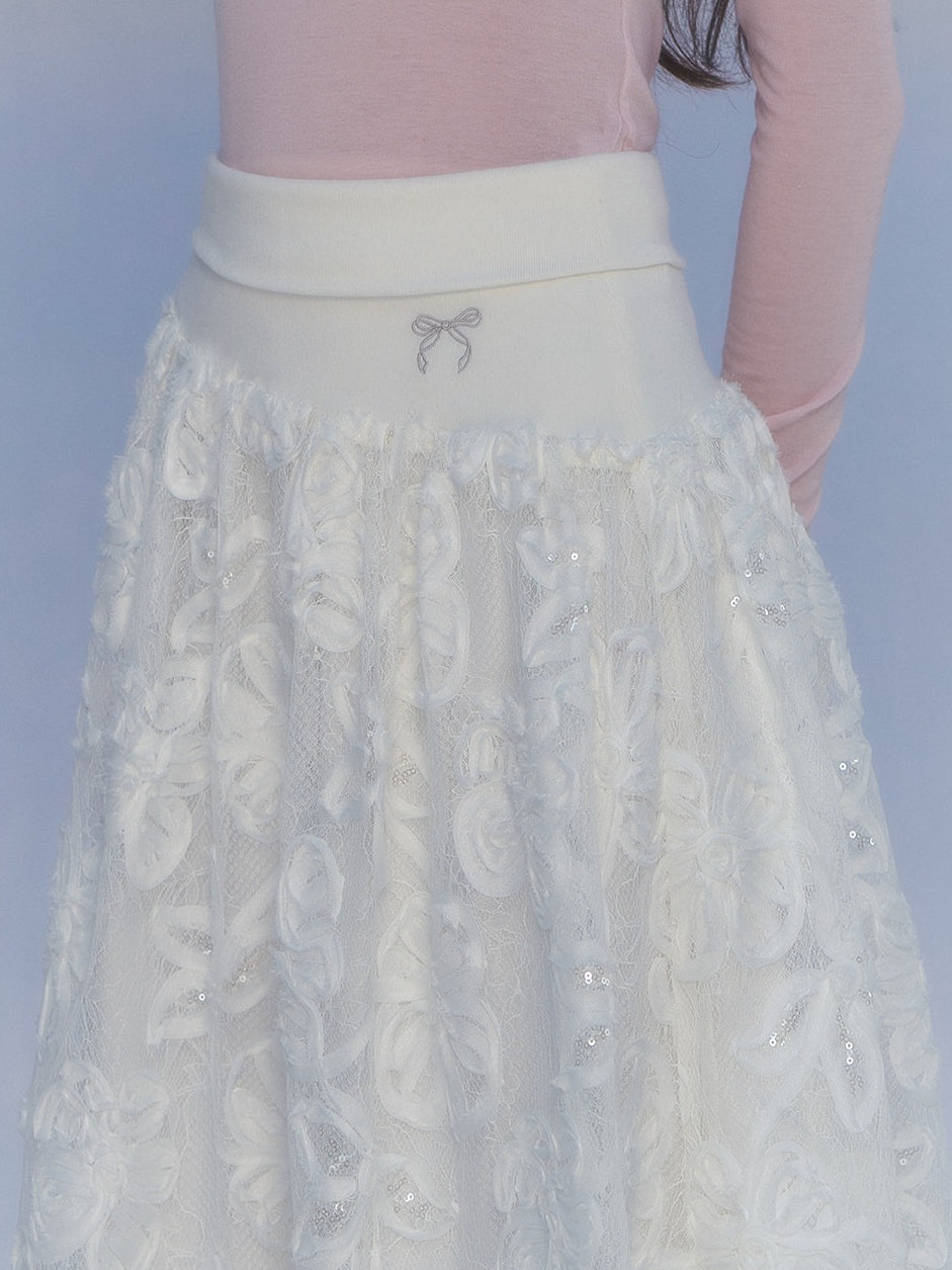 CANSTORE - "Moonflower Lace" Ivory Midi A-Line Skirt with 3D Floral Appliqués