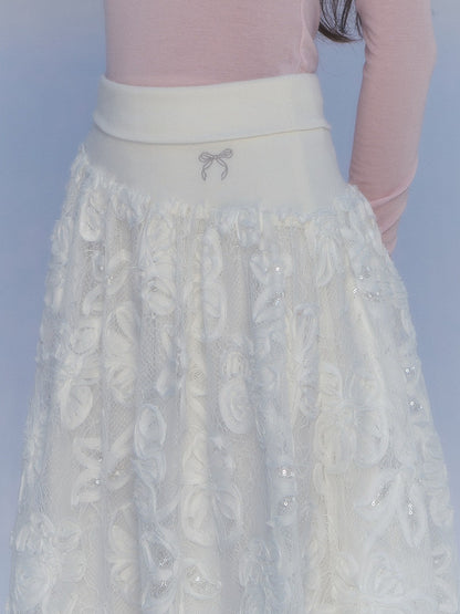 CANSTORE - "Moonflower Lace" Ivory Midi A-Line Skirt with 3D Floral Appliqués