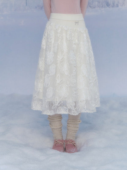 CANSTORE - "Moonflower Lace" Ivory Midi A-Line Skirt with 3D Floral Appliqués